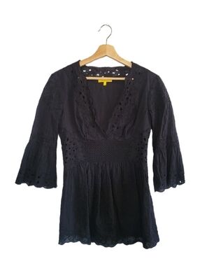 CATHERINE MALANDRINO Black Eyelet Lace Blouse Size 8 Boho Peasant Style
